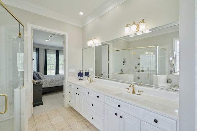 2250 Savannah Trce, Beaumont, TX 77706 - bathroom with double vanity, a shower stall, crown molding, ensuite bathroom, and tile patterned floors