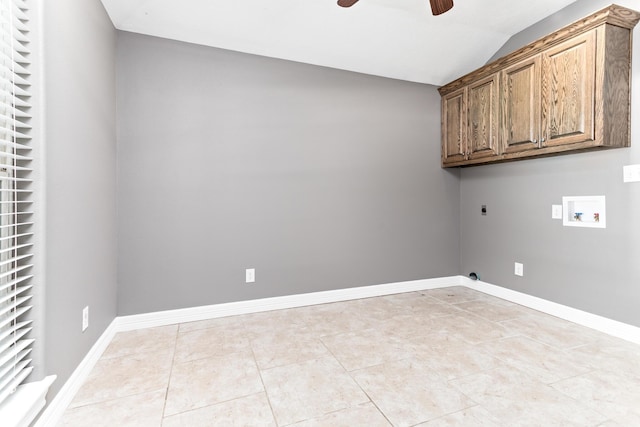 laundry room featuring cabinets, hookup for a washing machine, hookup for an electric dryer, ceiling fan, and light tile patterned floors