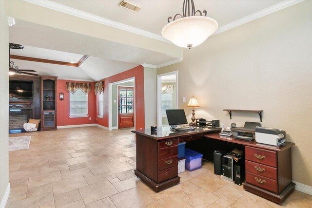 office featuring ceiling fan, vaulted ceiling, and ornamental molding