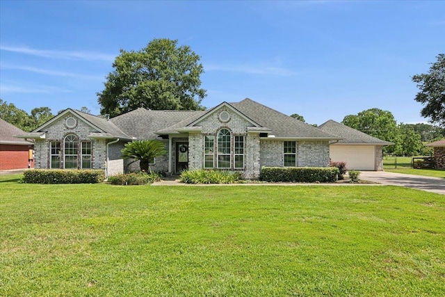 ranch-style house featuring a front yard and a garage