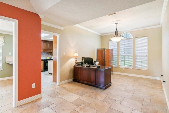 office area with ornamental molding