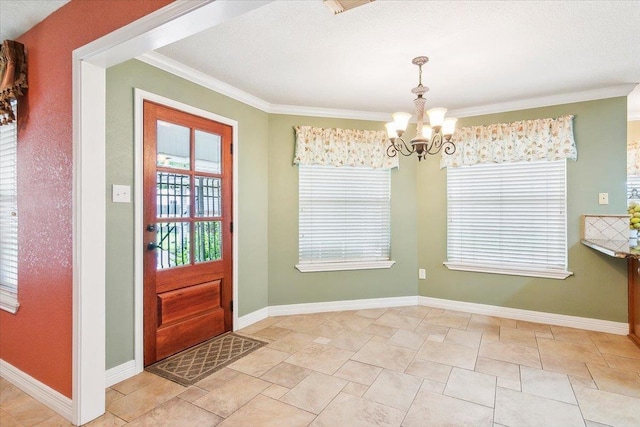 unfurnished dining area with an inviting chandelier and ornamental molding