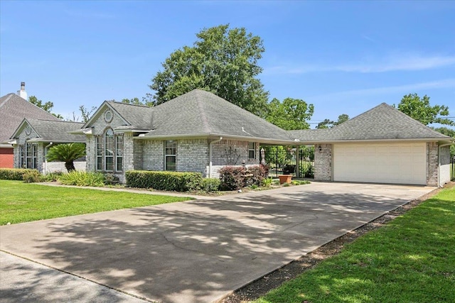 ranch-style house with a garage and a front lawn