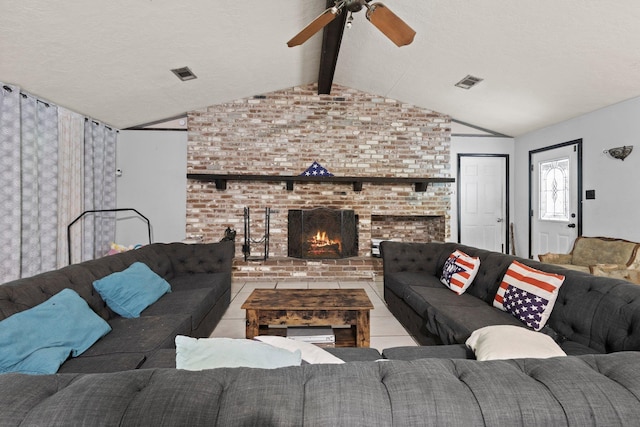 7775 River Rd, Beaumont, TX 77713 - tiled living area featuring a ceiling fan and a brick fireplace