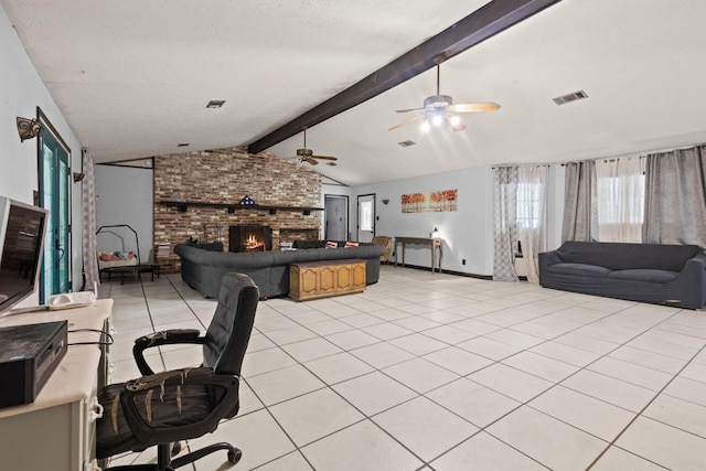 7775 River Rd, Beaumont, TX 77713 - office featuring a brick fireplace, ceiling fan, and light tile patterned floors