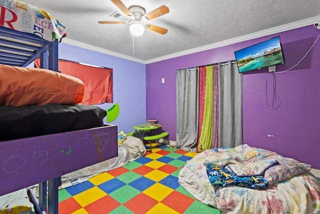 7775 River Rd, Beaumont, TX 77713 - bedroom featuring a textured ceiling, crown molding, and a ceiling fan