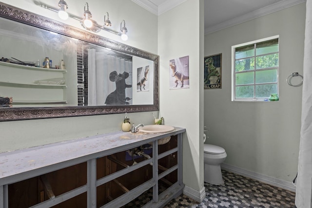 7775 River Rd, Beaumont, TX 77713 - full bath with vanity, tile patterned floors, ornamental molding, and a shower with shower curtain