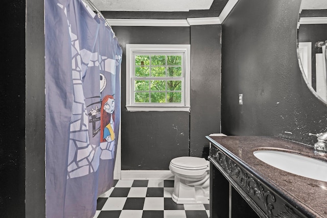 7775 River Rd, Beaumont, TX 77713 - bathroom with tile patterned floors, vanity, ornamental molding, a textured wall, and a shower with shower curtain