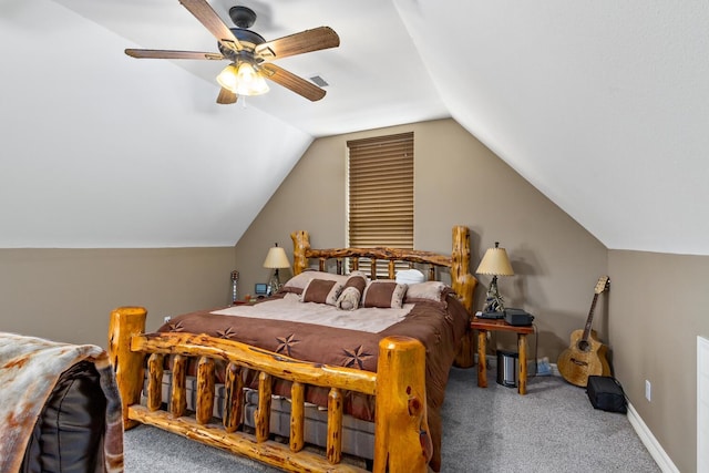 bedroom with carpet, vaulted ceiling, and ceiling fan