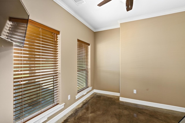 interior space with ceiling fan and ornamental molding