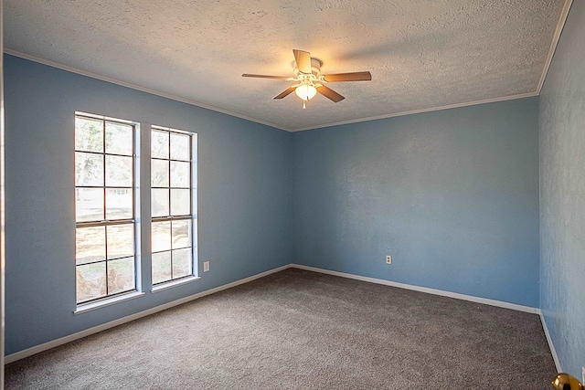 8228A Ponderosa Dr, Silsbee, TX 77656 - empty room with a textured ceiling, crown molding, ceiling fan, carpet flooring, and baseboards