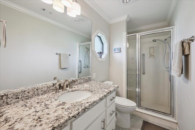 6650 Windwood Ln, Beaumont, TX 77706 - full bathroom with vanity, a stall shower, toilet, and ornamental molding