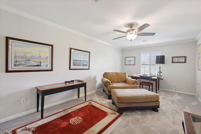 6650 Windwood Ln, Beaumont, TX 77706 - living area featuring carpet, crown molding, ceiling fan, and baseboards