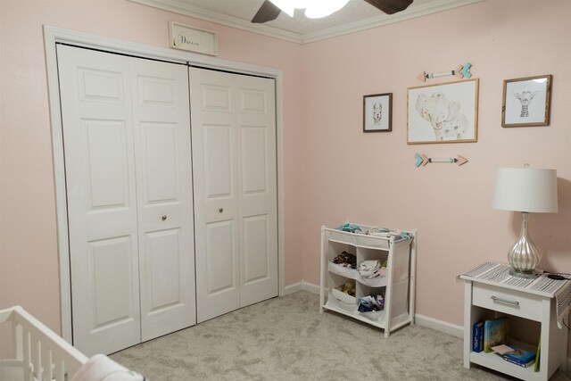 269 E Chance Rd, Lumberton, TX 77657 - carpeted bedroom featuring crown molding, a closet, a ceiling fan, and baseboards