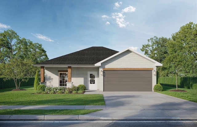 ranch-style house featuring a front yard and a garage