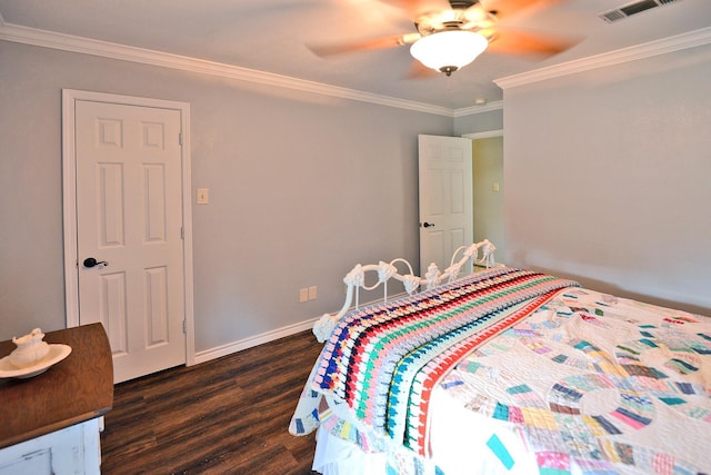 bedroom featuring ceiling fan, dark wood-type flooring, and ornamental molding