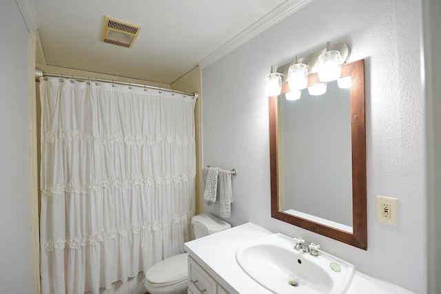 bathroom with vanity, toilet, walk in shower, and crown molding