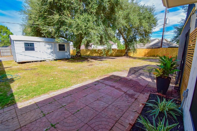 view of yard featuring a storage unit and a patio area