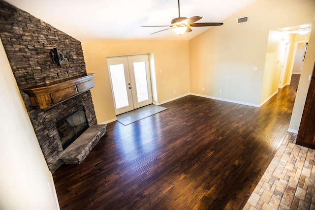 unfurnished living room featuring french doors, ceiling fan, lofted ceiling, and dark hardwood / wood-style floors