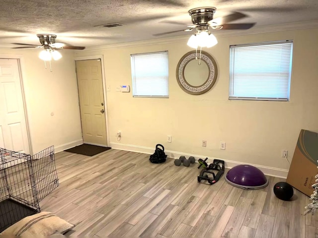 workout area with crown molding, ceiling fan, a textured ceiling, and light wood-type flooring