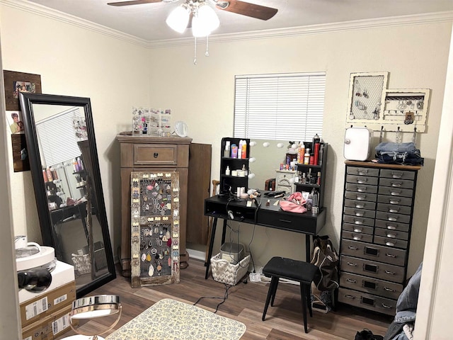 office with crown molding, hardwood / wood-style floors, wine cooler, and ceiling fan