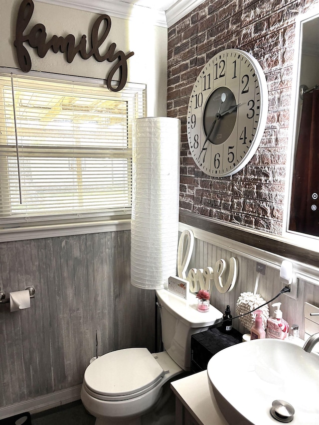 bathroom featuring brick wall, wooden walls, ornamental molding, vanity, and toilet