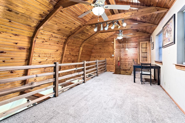 134 Sherwood Trl, Silsbee, TX 77656 - bonus room featuring ceiling fan, carpet, wooden ceiling, and wood walls
