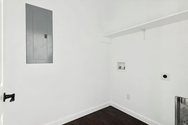 laundry room with washer hookup, electric dryer hookup, dark hardwood / wood-style flooring, and electric panel