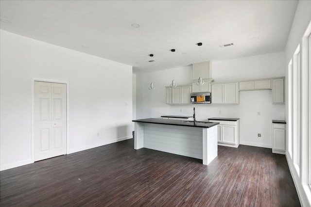 kitchen featuring a healthy amount of sunlight, sink, dark wood-type flooring, and an island with sink