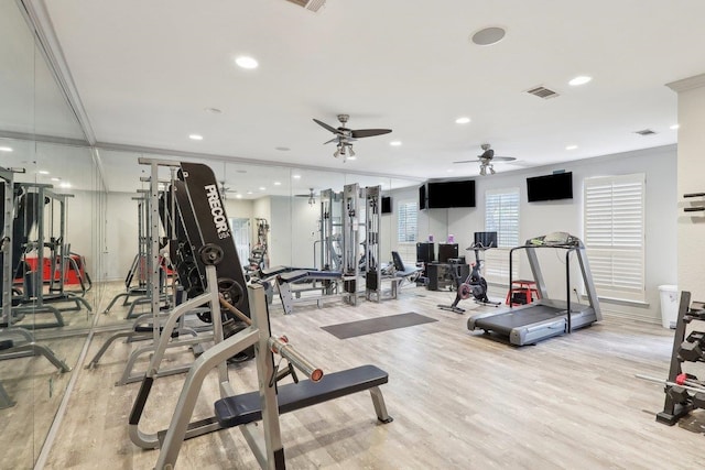 workout area featuring crown molding, light hardwood / wood-style floors, and ceiling fan