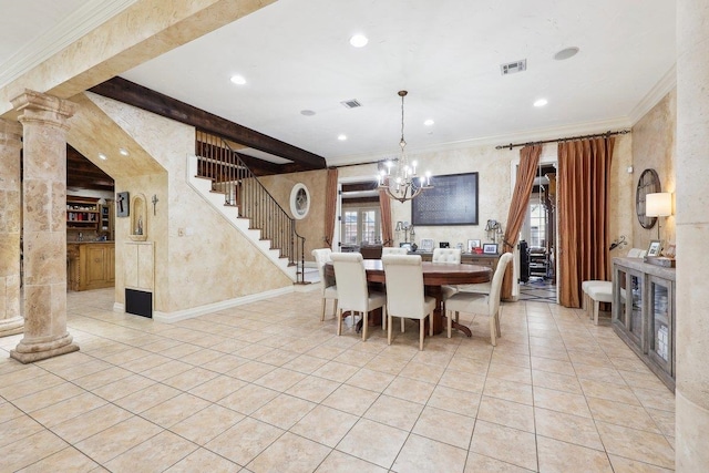 tiled dining space with decorative columns, ornamental molding, a notable chandelier, and beam ceiling