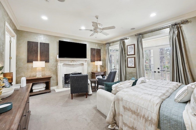 bedroom with ornamental molding, access to outside, light colored carpet, and french doors