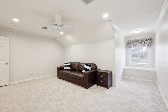 living area with light carpet, crown molding, and ceiling fan