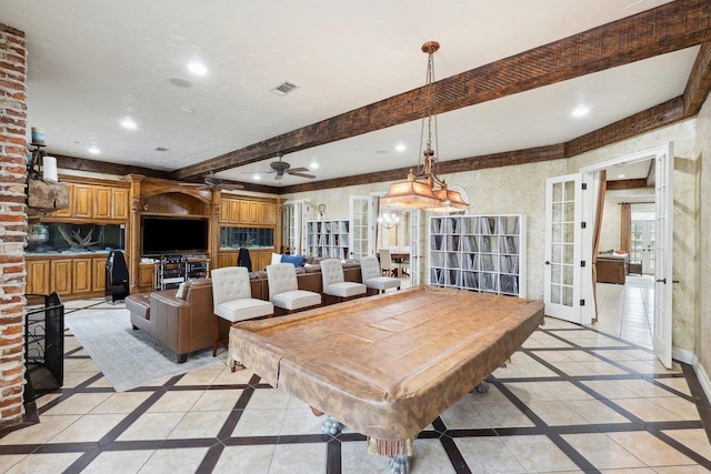 rec room with beamed ceiling, pool table, ceiling fan, and french doors