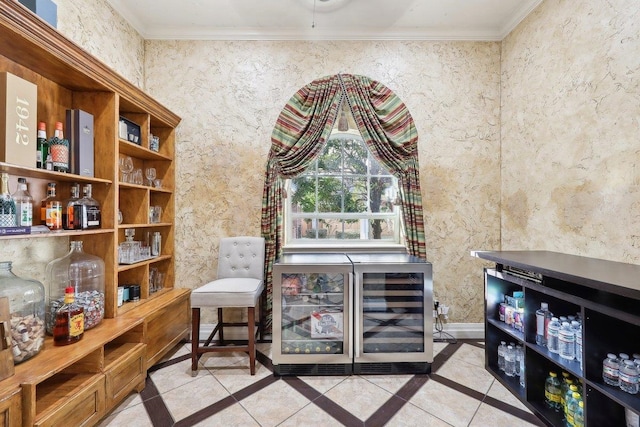 living area featuring ornamental molding and light tile patterned floors