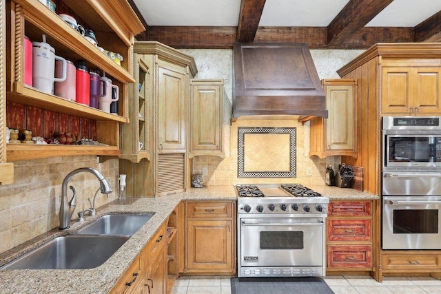 kitchen with appliances with stainless steel finishes, sink, custom exhaust hood, light stone countertops, and beam ceiling