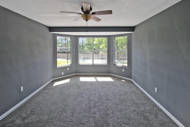 empty room with a ceiling fan, carpet, and a textured ceiling