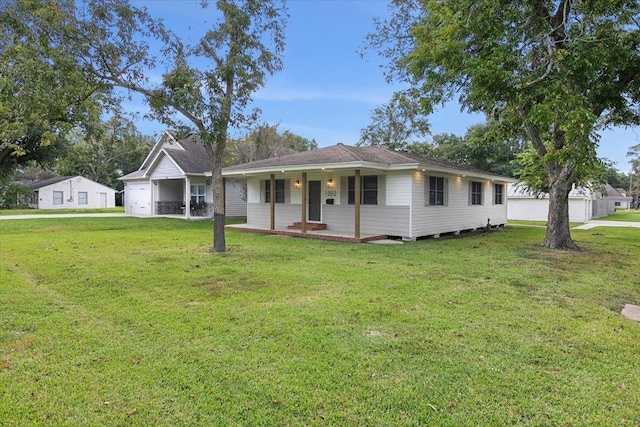 ranch-style home with a porch and a front lawn