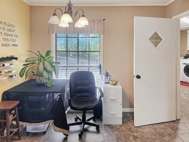 office space with a chandelier, crown molding, baseboards, and washer / dryer