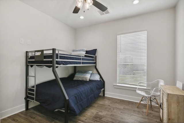 bedroom featuring recessed lighting, a ceiling fan, baseboards, and wood finished floors