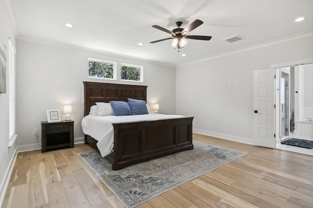 bedroom with baseboards, visible vents, recessed lighting, ornamental molding, and light wood-type flooring