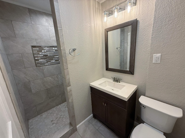 2370 Central Dr, Beaumont, TX 77706 - bathroom featuring walk in shower, toilet, vanity, tile patterned flooring, and a textured wall
