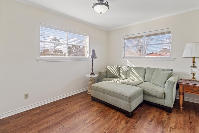 living room with crown molding and dark wood-type flooring