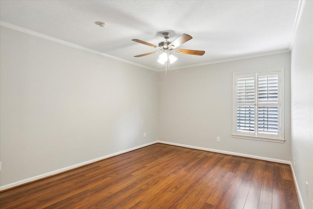 unfurnished room featuring crown molding, ceiling fan, and dark wood-type flooring