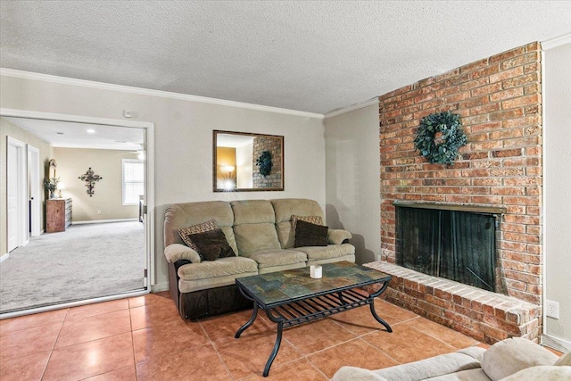 living room featuring tile patterned floors, crown molding, a fireplace, and a textured ceiling