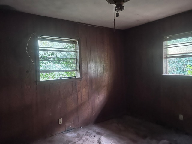 empty room featuring wooden walls and a healthy amount of sunlight