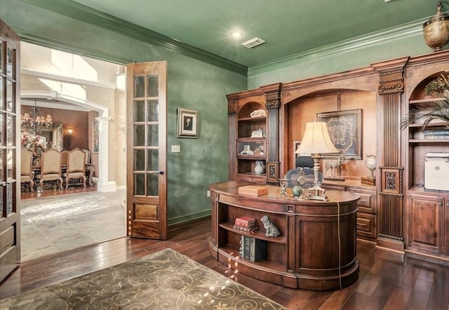 office featuring french doors, dark wood-type flooring, and an inviting chandelier