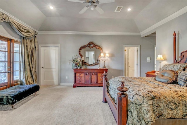 carpeted bedroom with ceiling fan, ornamental molding, and vaulted ceiling