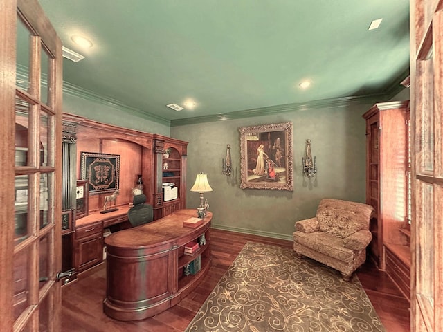 office area featuring ornamental molding and dark wood-type flooring