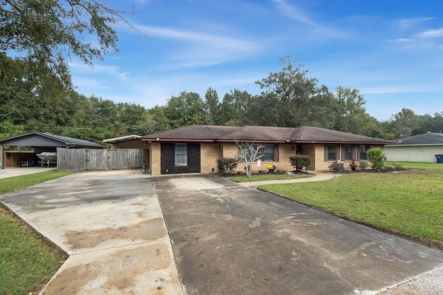 ranch-style house with a front yard and a carport